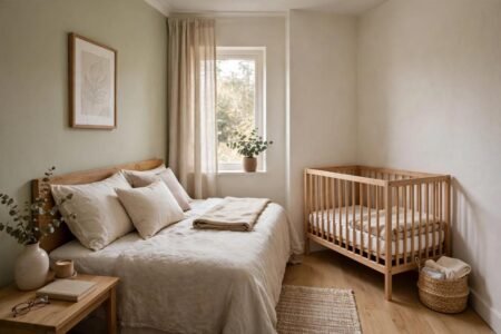 Small parents bedroom with a compact crib in a corner, tidy and calm