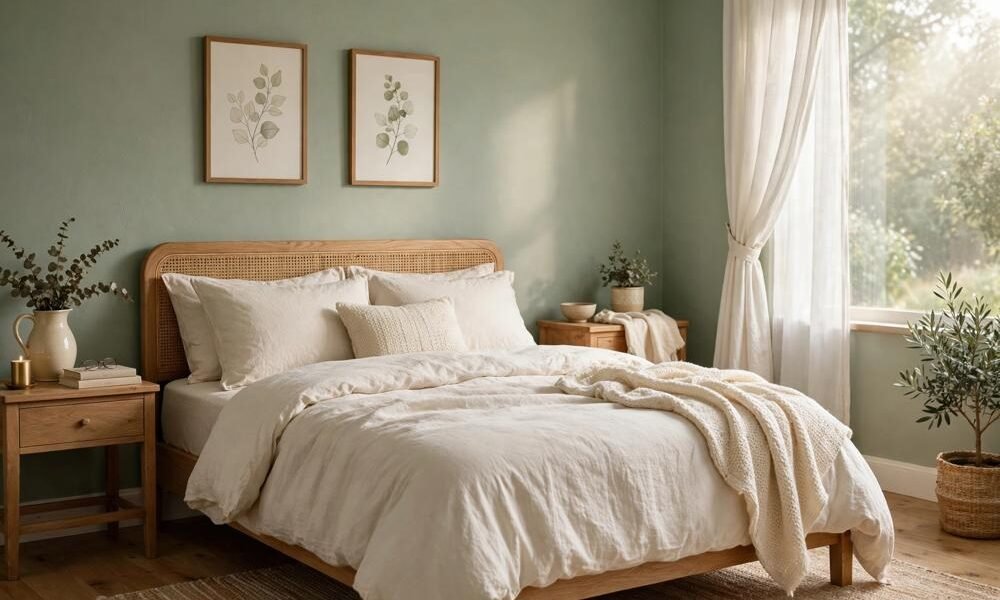 Sage green bedroom with Evergreen Fog walls and cream bedding in soft morning light
