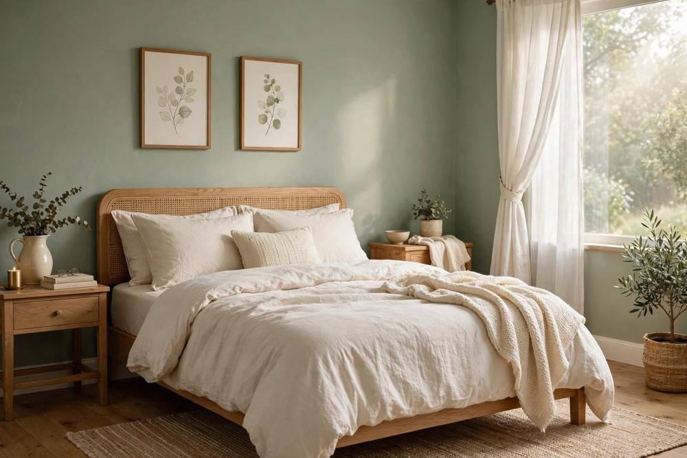 Sage green bedroom with Evergreen Fog walls and cream bedding in soft morning light