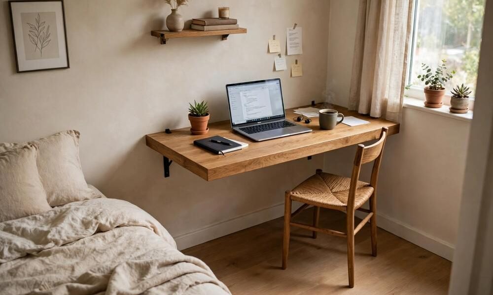 Floating wooden desk in a small bedroom with a laptop, a chair tucked underneath, and open floor space below the desk