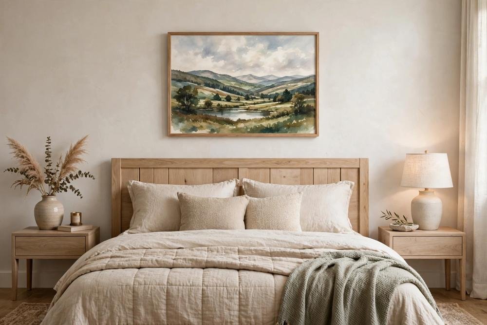 Framed landscape art centred above a queen bed with a light wood headboard