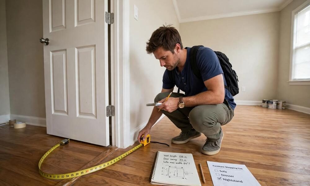 Person measuring bedroom wall length and door swing with a tape measure before buying furniture