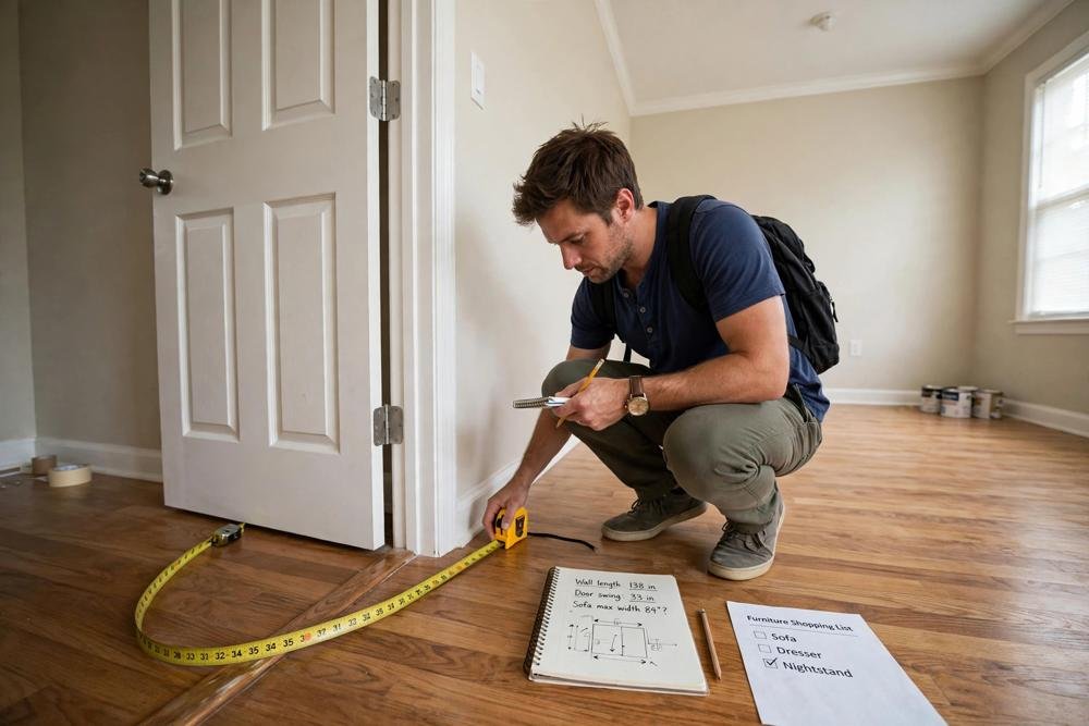 Person measuring bedroom wall length and door swing with a tape measure before buying furniture