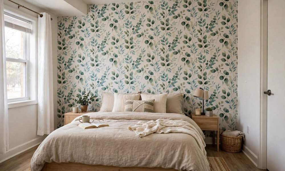 Peel and stick wallpaper accent wall behind a bed in a rental bedroom
