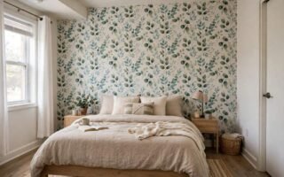 Peel and stick wallpaper accent wall behind a bed in a rental bedroom