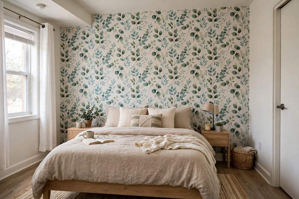 Peel and stick wallpaper accent wall behind a bed in a rental bedroom