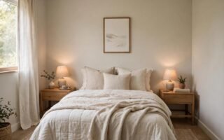 Small primary bedroom refreshed with light bedding, wooden nightstands, and a calm neutral wall
