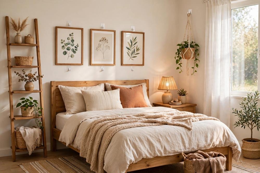 Tidy rental bedroom decorated without drilling, removable hooks and frames, cosy and bright