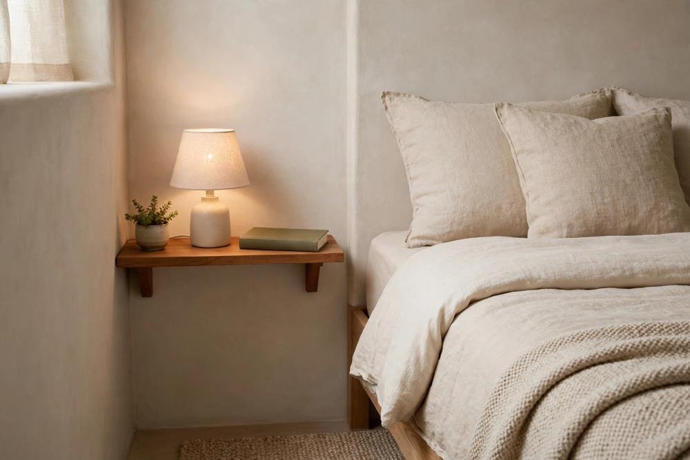 Small bedroom with a wall-mounted shelf beside the bed as a nightstand, lamp and book on it, tidy