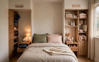 Small bedroom shared by a couple with split storage zones and two nightstands