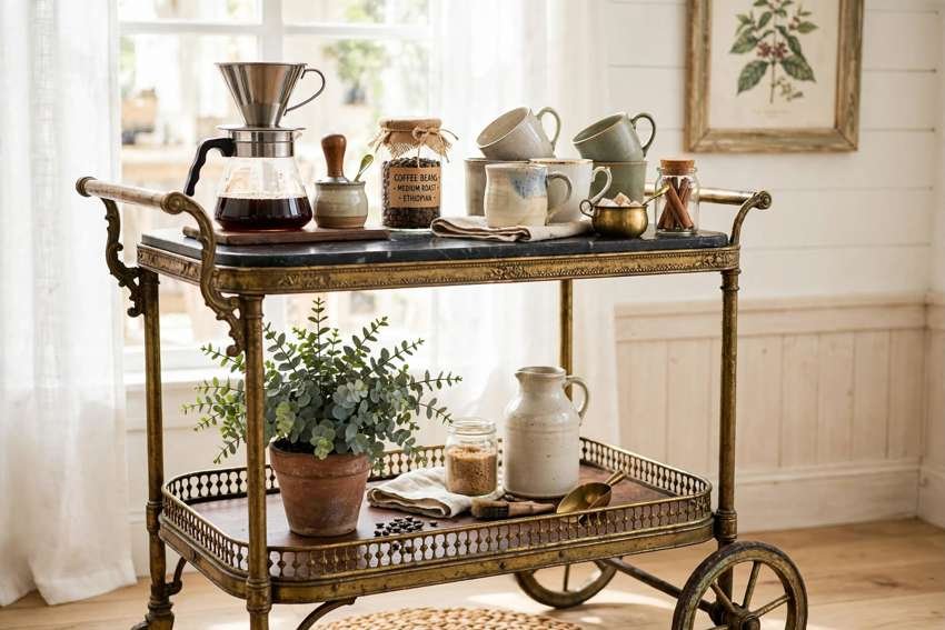 Antique bar cart styled as a coffee cart with mugs, a coffee maker and a plant