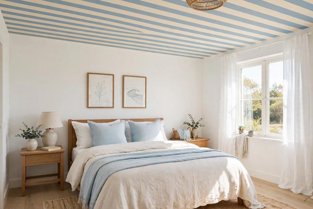 Bedroom with a striped ceiling in cream and soft blue, white walls and a bed