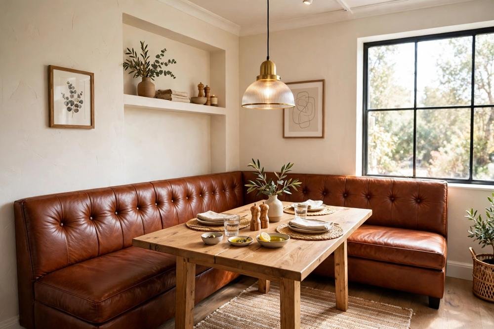 Leather banquette in a small dining nook with a pendant lamp and a wooden table