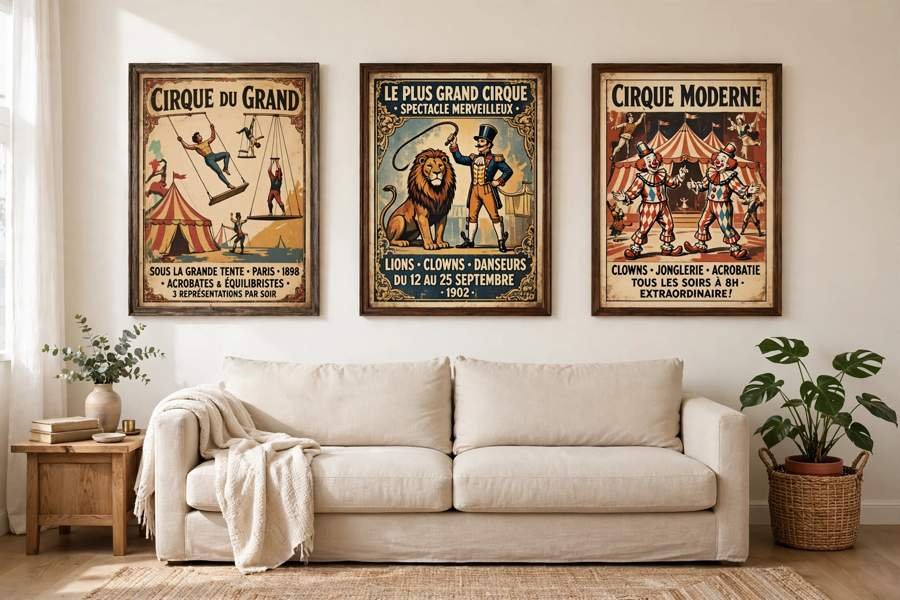 Living room wall with framed vintage circus posters and a plain sofa
