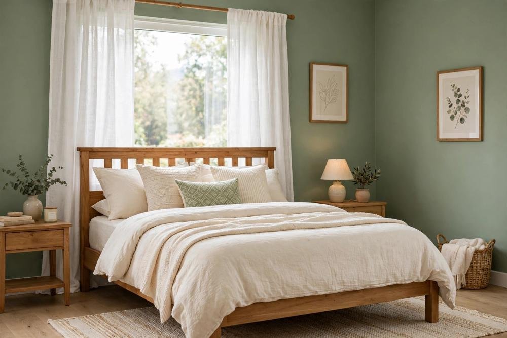 Sage green and cream bedroom with wooden bed frame and white curtains