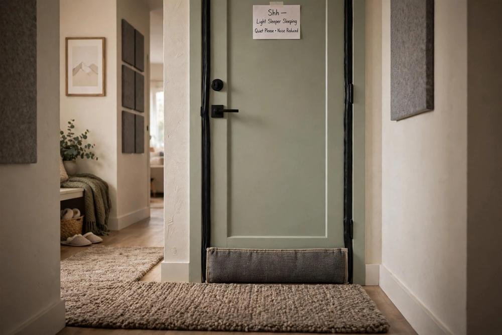 Sealed bedroom door with draft stopper and thick rug reducing hallway noise for light sleepers