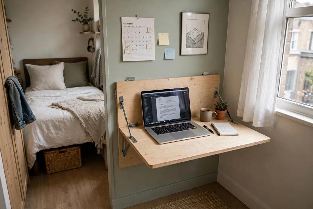 Fold down wall desk in a small bedroom shown open with a laptop and closed at night as a slim wall cabinet