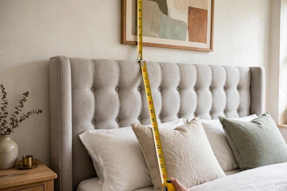 Measuring tape showing art hung above a tall upholstered headboard in a bedroom