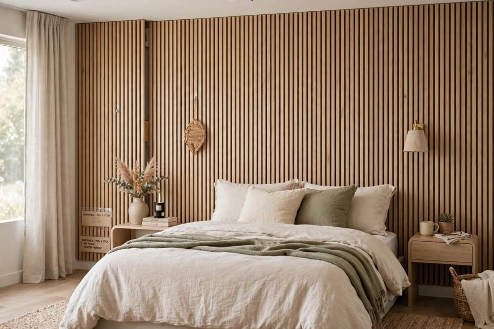 Removable vertical panels creating a renter friendly accent wall behind a bed