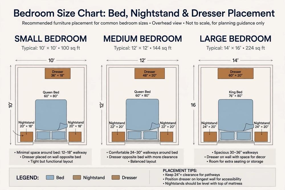 Bedroom size chart showing bed, nightstand, and dresser placement in small, medium, and large bedrooms