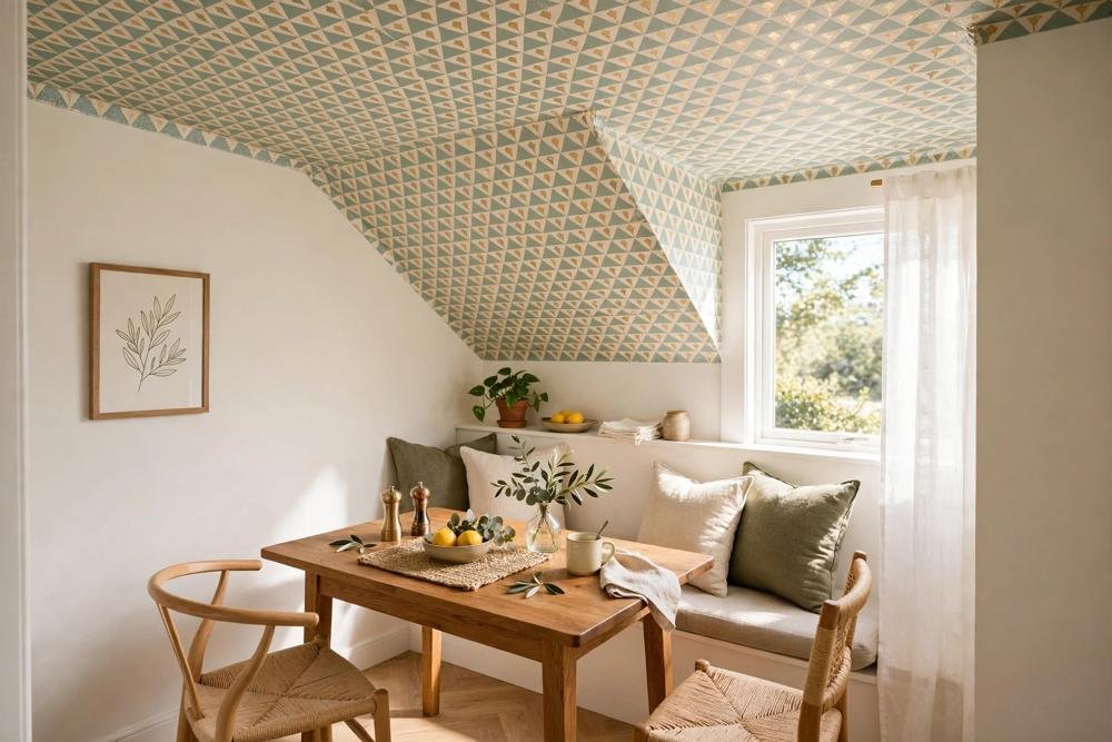 Small dining nook with a peel-and-stick patterned ceiling and a wooden table