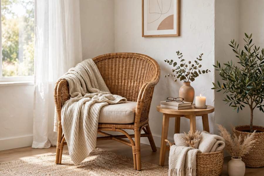 Rattan accent chair with a throw and a side table in a cosy corner