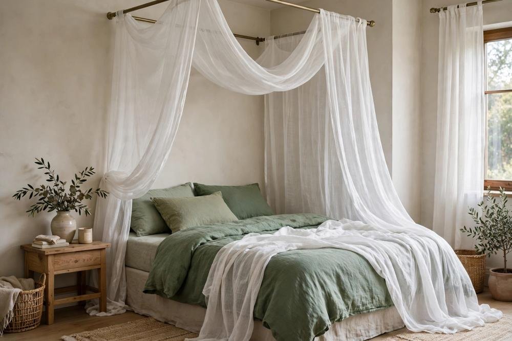 Bedroom corner with a sheer canopy draped from a curtain rod above a bed with green bedding