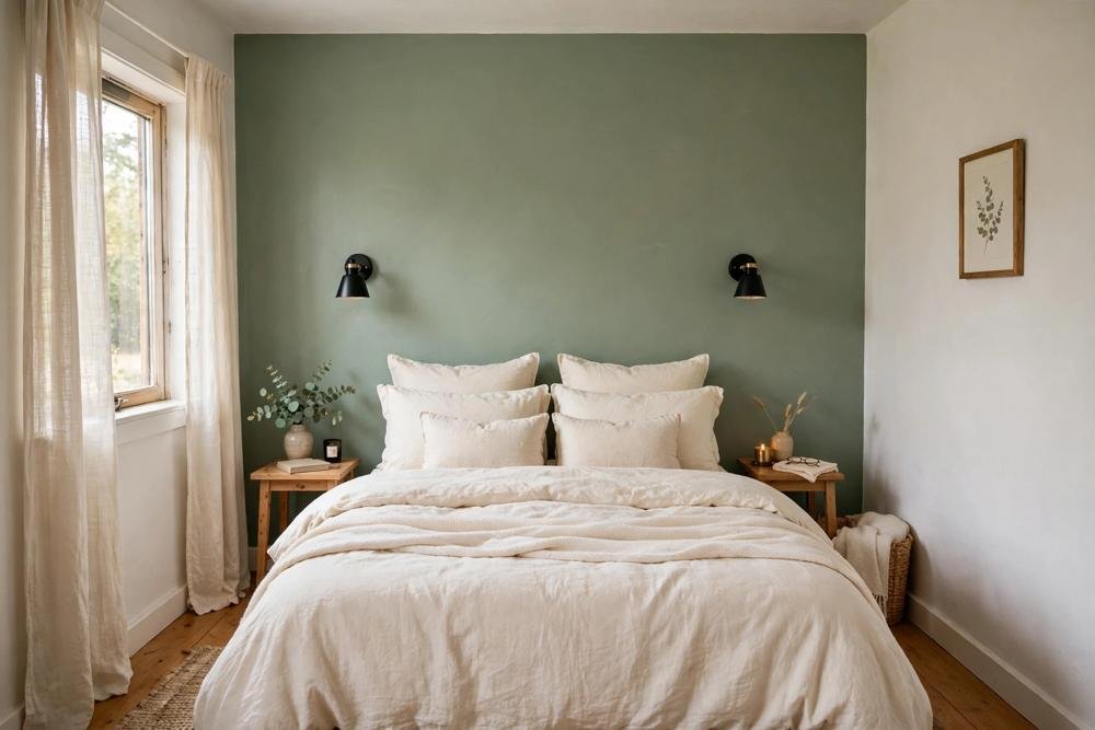 Sage green accent wall behind bed with cream bedding in small bedroom