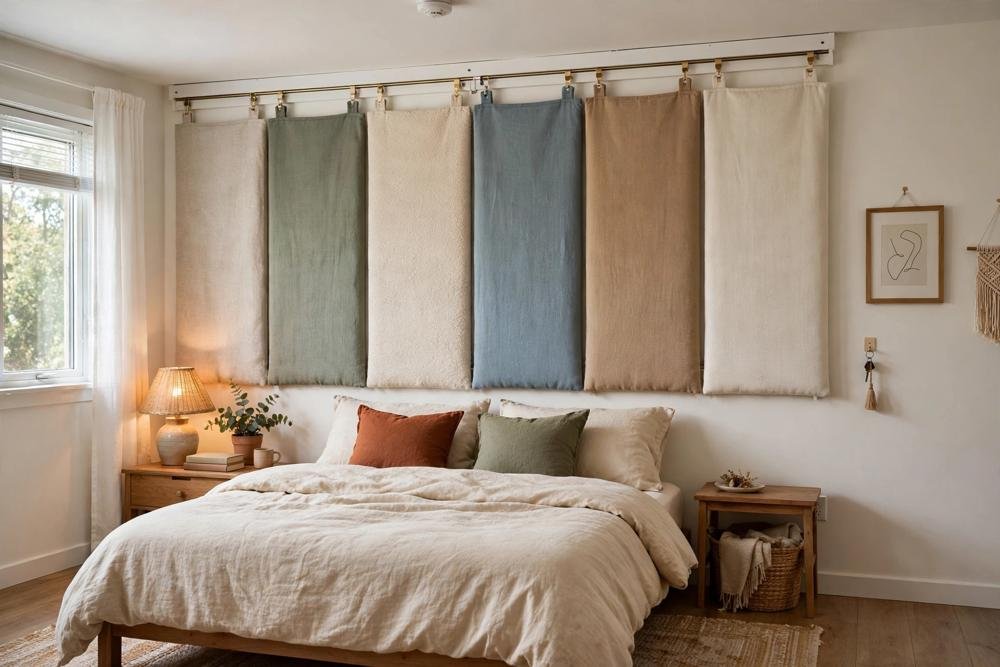 Fabric panels hung as a soft removable accent wall in a rental bedroom