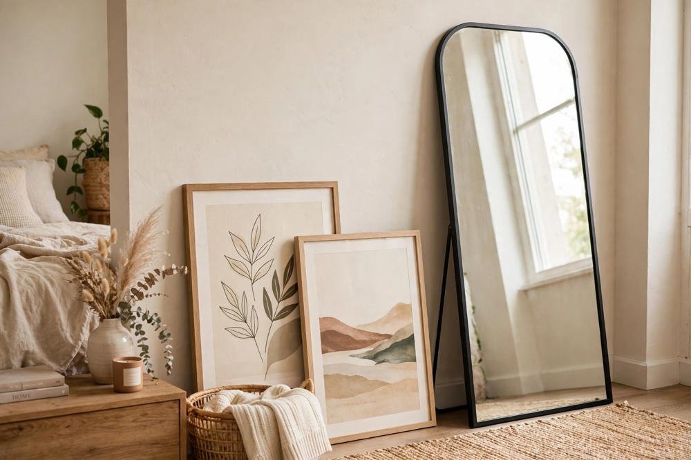 Leaning mirror and framed art against a bedroom wall in a rental bedroom