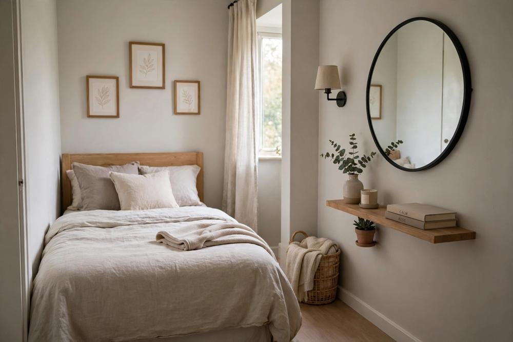 Mirror on a side wall instead of facing the bed in a small bedroom