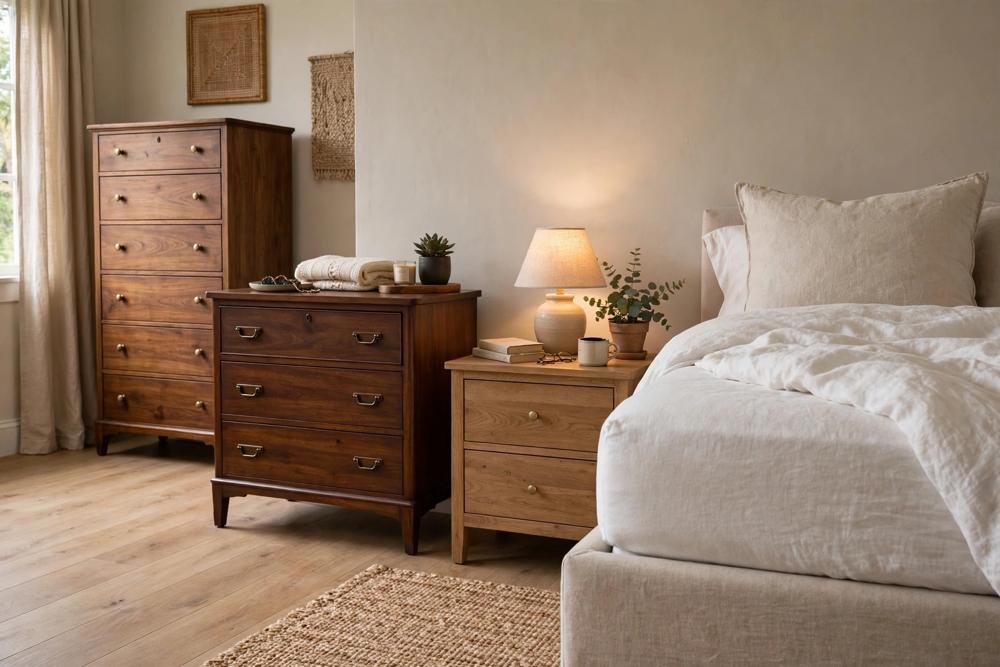 Nightstand next to a bed showing correct height compared to mattress, with dresser and tall chest in a bedroom