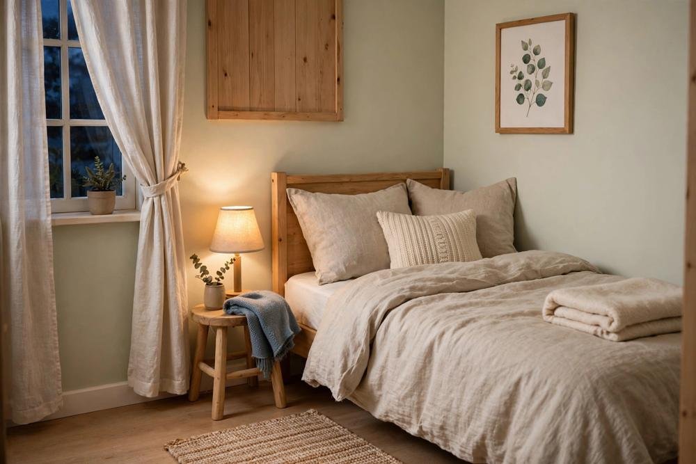 Small bedroom with a small stool beside the bed used as a nightstand, lamp on top, cosy and tidy