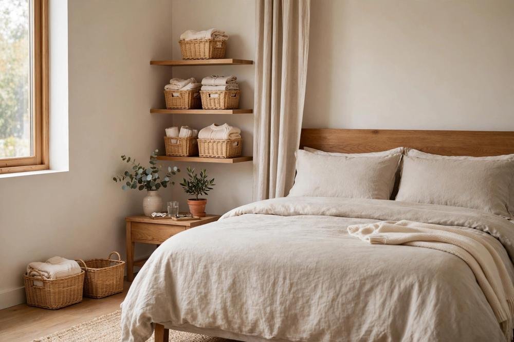 Small rental bedroom with freestanding storage, baskets and a wardrobe, no drilling, tidy