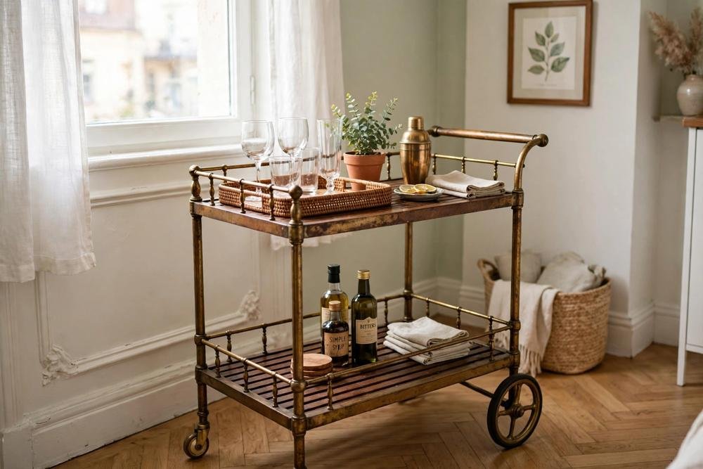 Antique bar cart in a small apartment with glasses, a tray and a small plant on top