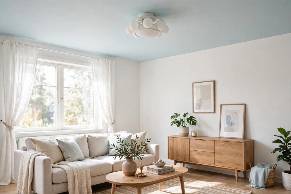 Living room with a light painted ceiling, white walls and a ceiling light