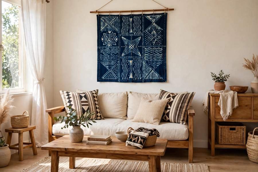 Small living room with Adire wall hanging, mudcloth cushions and wooden furniture