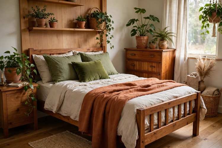 Small bedroom with warm wood furniture, moss green cushions, terracotta throw, and leafy plants in daylight
