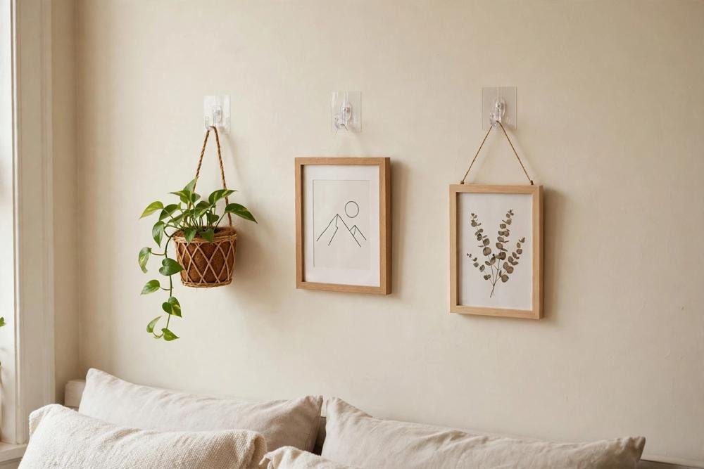 Adhesive hooks holding light frames and a small plant on a rental bedroom wall