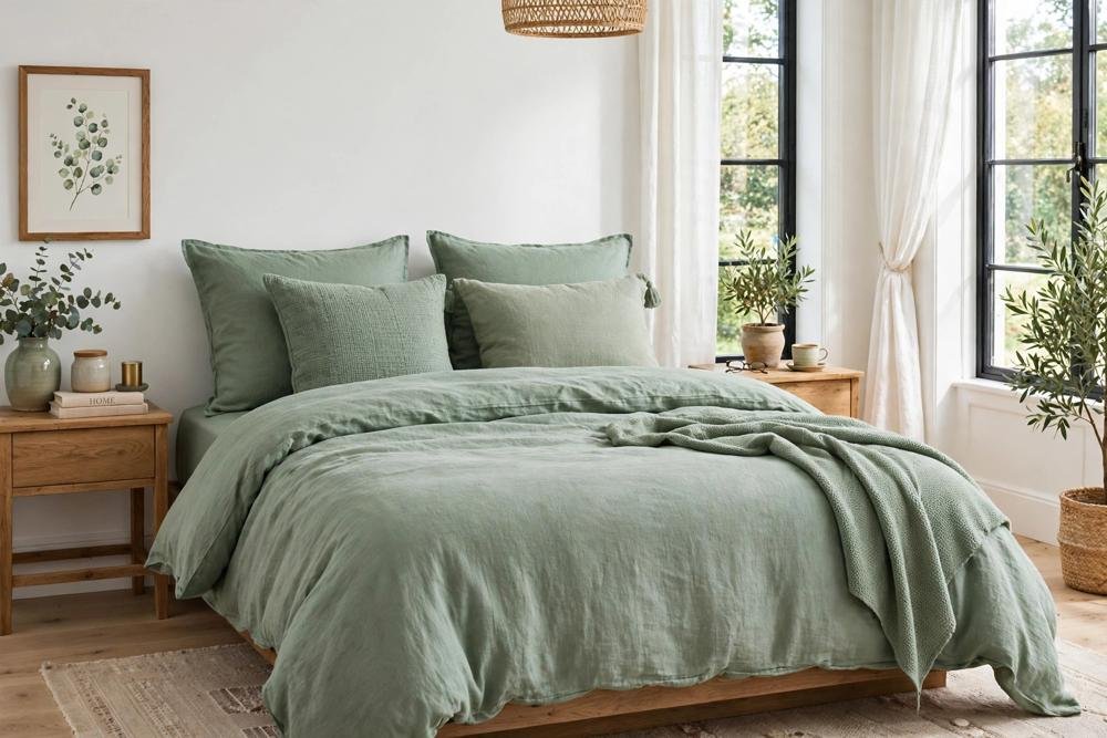Sage green bedding and pillows on bed before painting walls