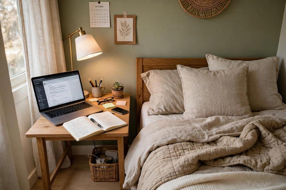 Small bedroom desk beside a bed serving as both a nightstand and a laptop work station with a lamp and notebook