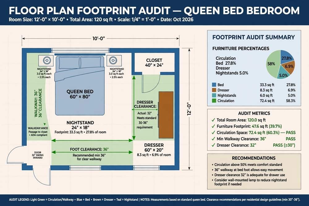 Floor plan footprint audit for a queen bed bedroom showing walkways, dresser clearance, and furniture percentages