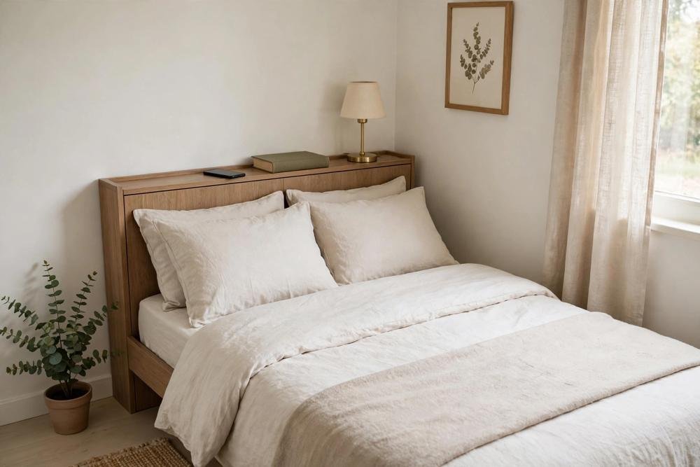 Small bedroom with a headboard shelf holding a phone, book and lamp, no separate nightstand, tidy