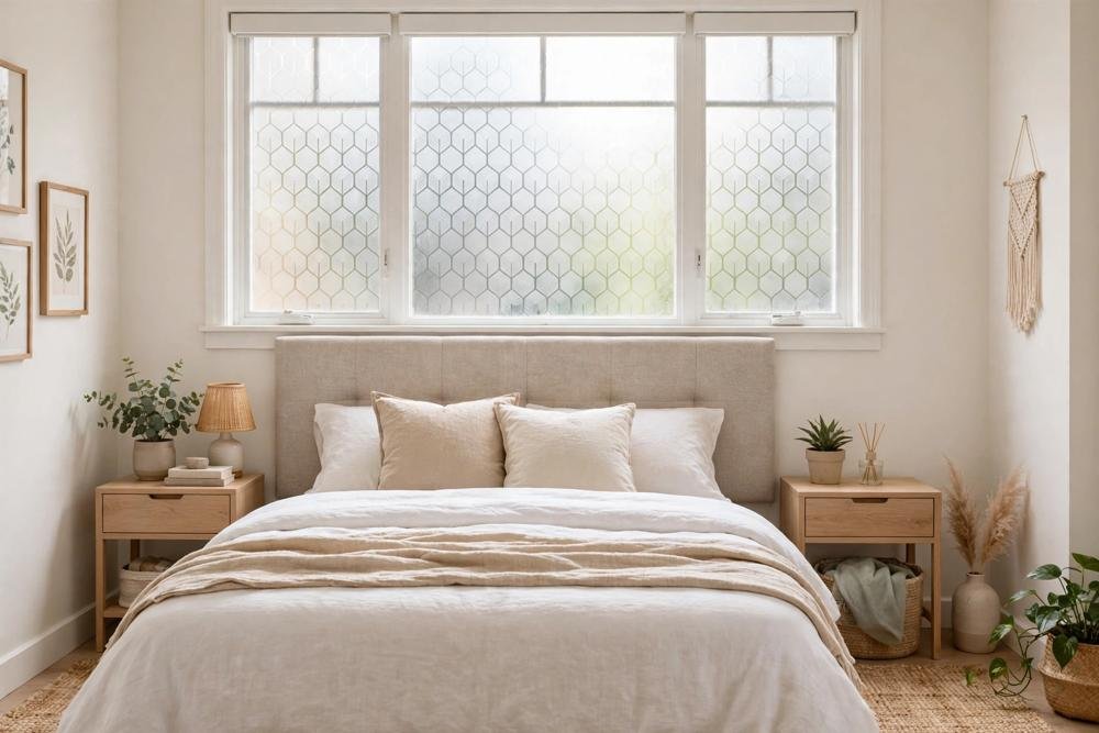 Renter friendly bedroom with a bed under a window, removable window film and a fabric headboard panel