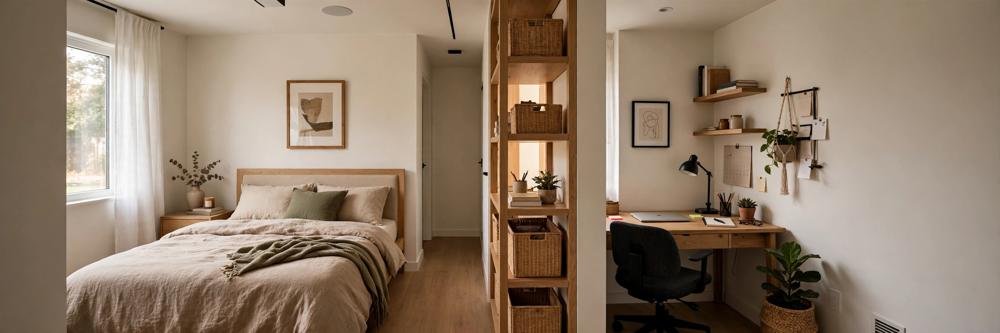 Long narrow bedroom divided into a sleeping zone at one end and a small desk zone at the other end