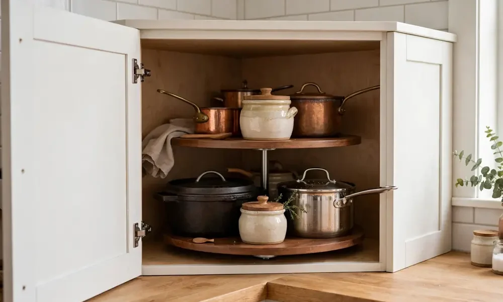 Kitchen corner cabinet with lazy susan turntable and pots
