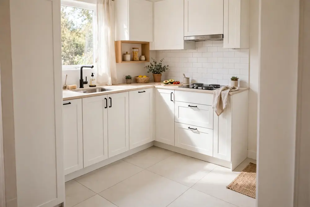 Small kitchen with large format light tile flooring.