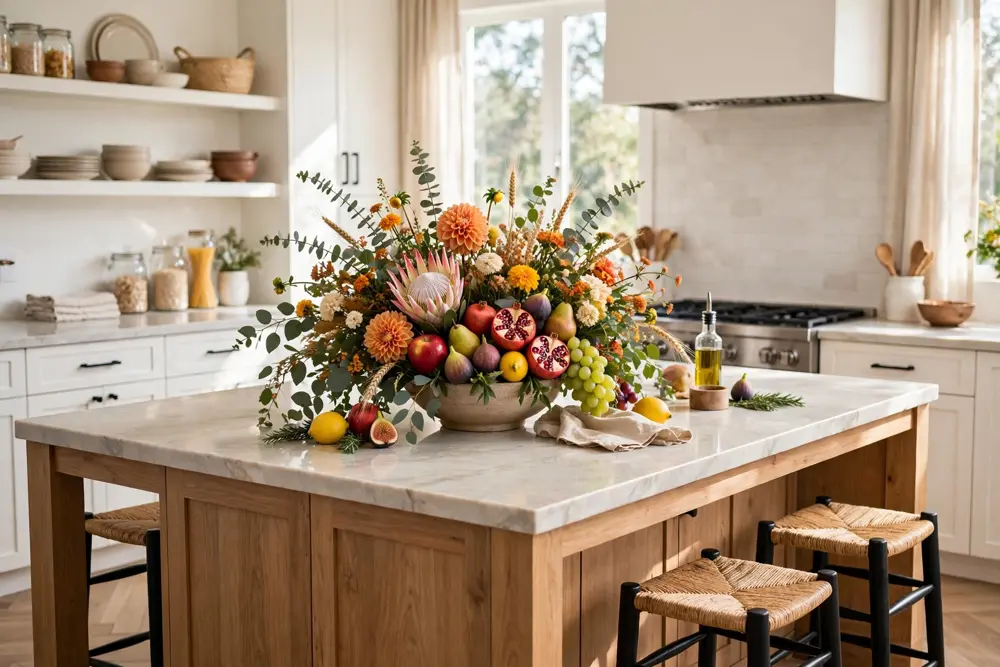 Kitchen island with seasonal centerpiece of flowers and fruit