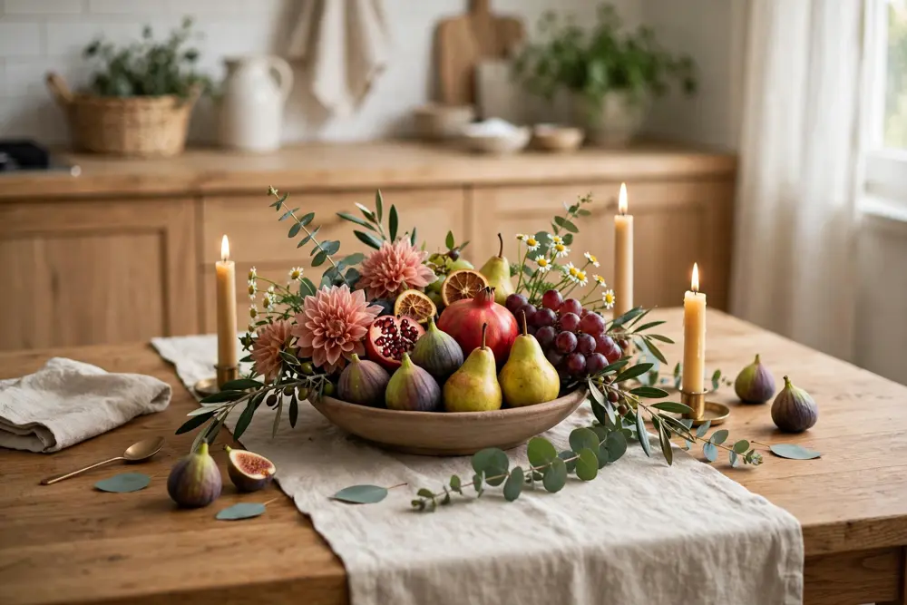 Kitchen table centrepiece with seasonal fruit flowers and candles