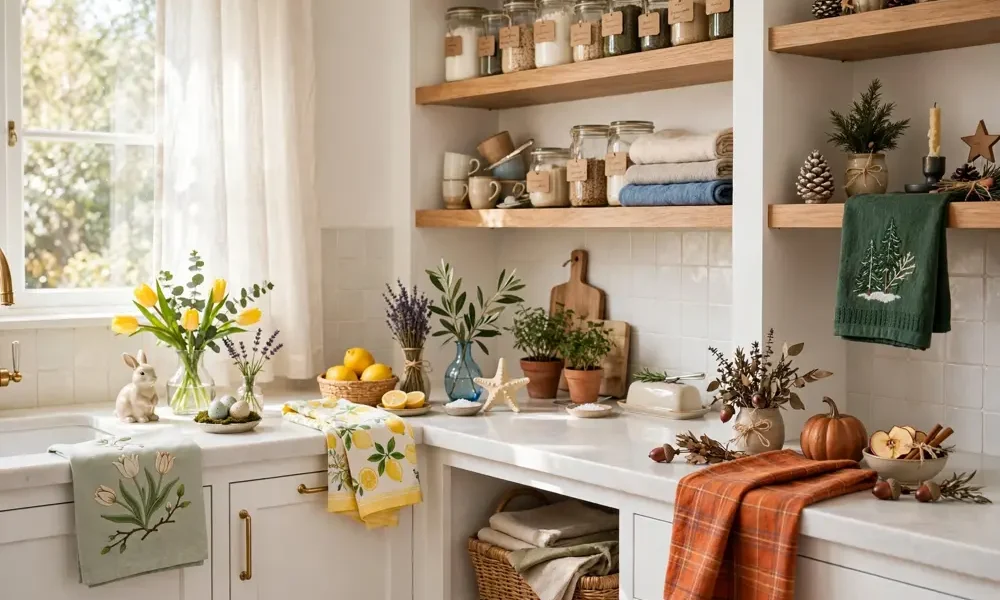 Kitchen with seasonal textiles and small accents changing by season